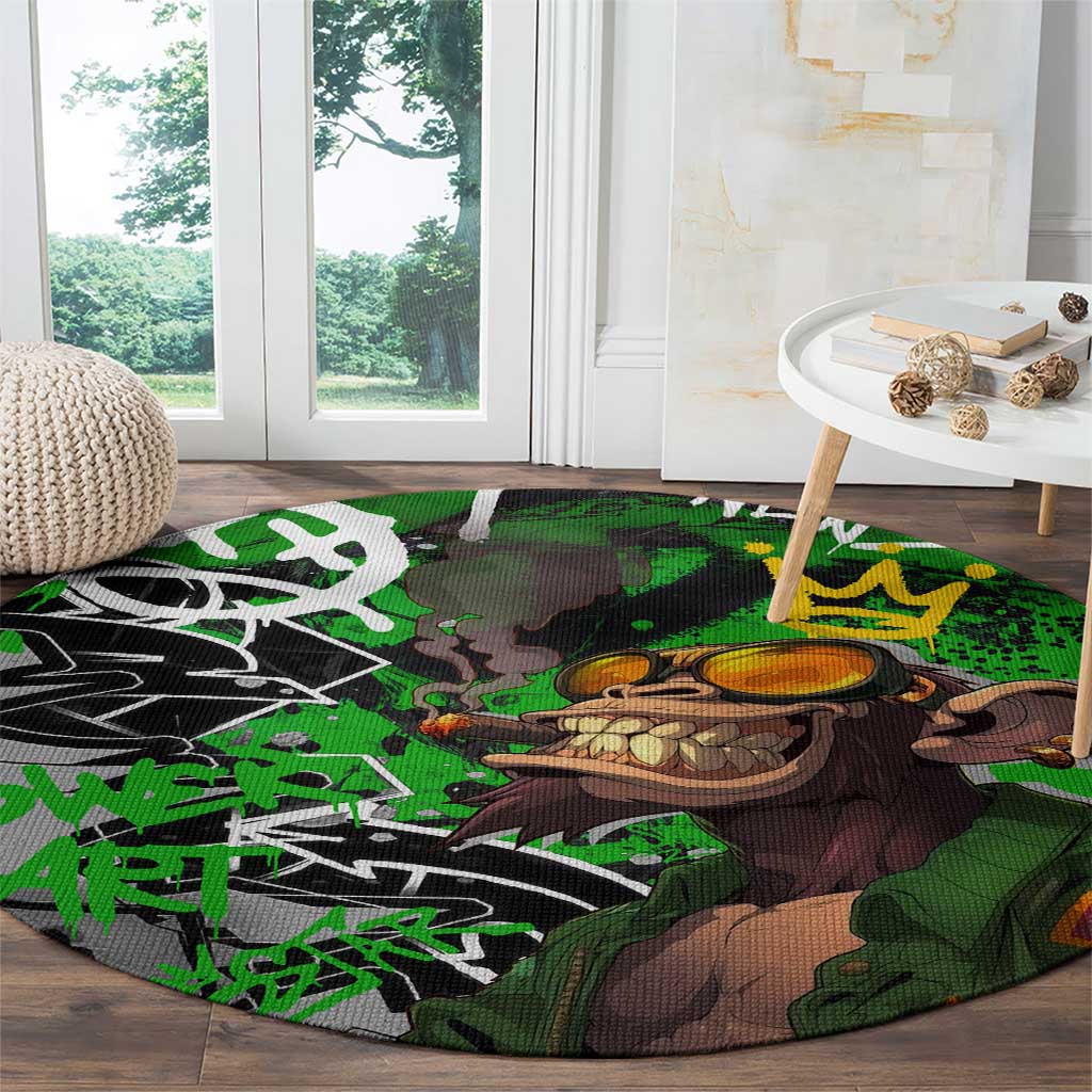 Graffiti Street Art Round Carpet Smoking Ape Character and Neon Crown Symbols in Green and Yellow Graphic Design - Wonder Print Shop
