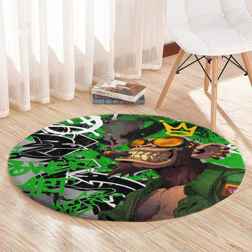 Graffiti Street Art Round Carpet Smoking Ape Character and Neon Crown Symbols in Green and Yellow Graphic Design - Wonder Print Shop