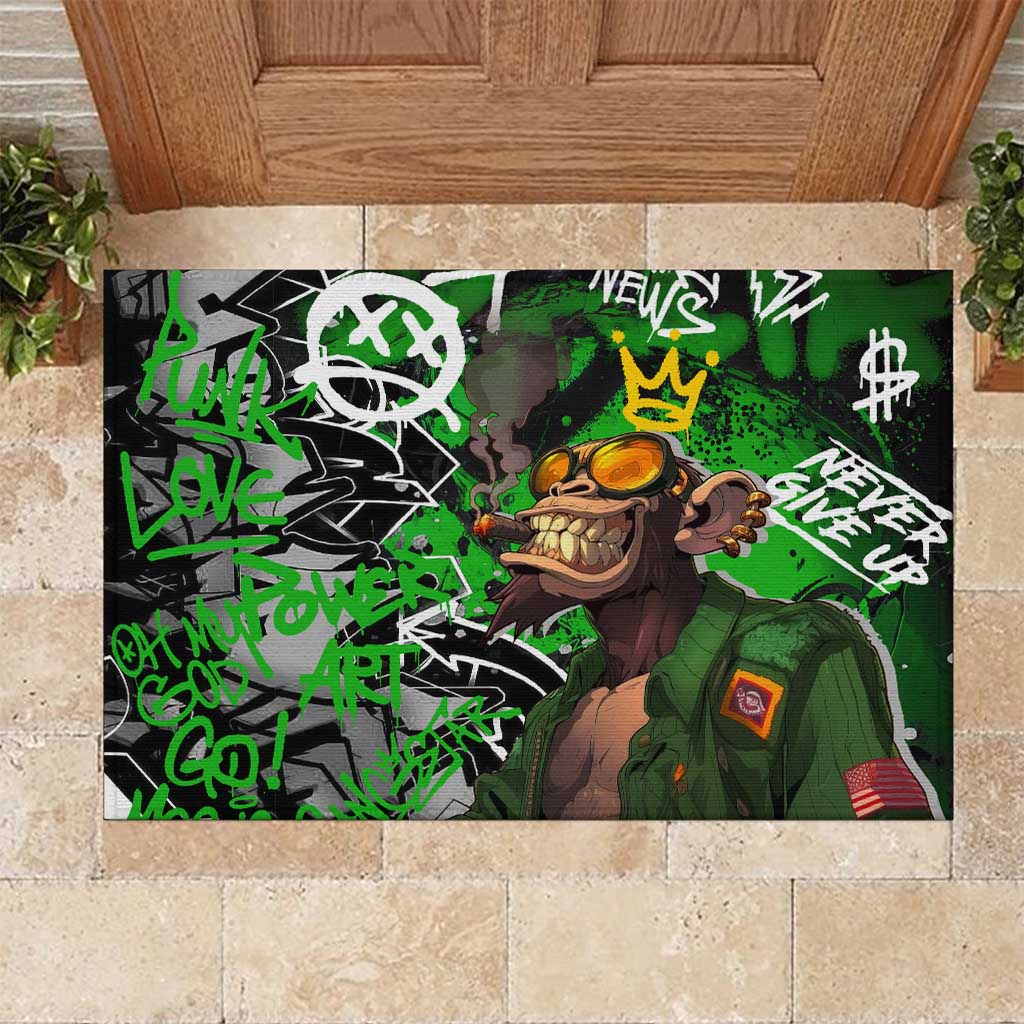 Graffiti Street Art Rubber Doormat Smoking Ape Character and Neon Crown Symbols in Green and Yellow Graphic Design - Wonder Print Shop
