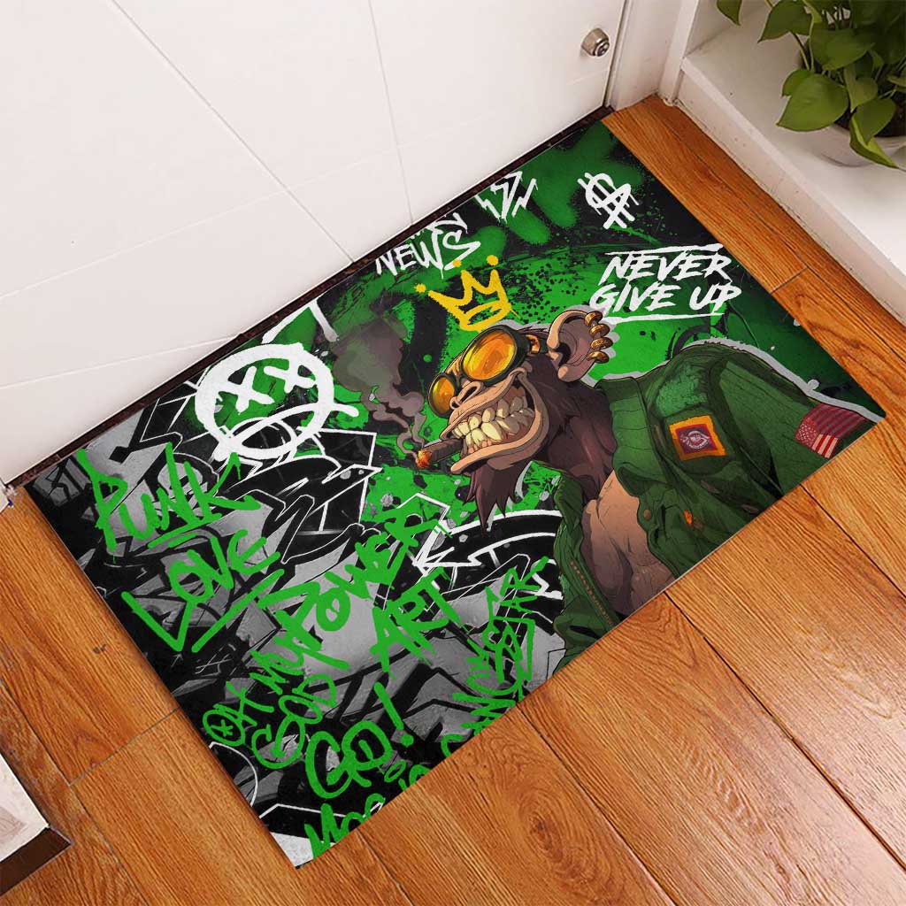Graffiti Street Art Rubber Doormat Smoking Ape Character and Neon Crown Symbols in Green and Yellow Graphic Design - Wonder Print Shop