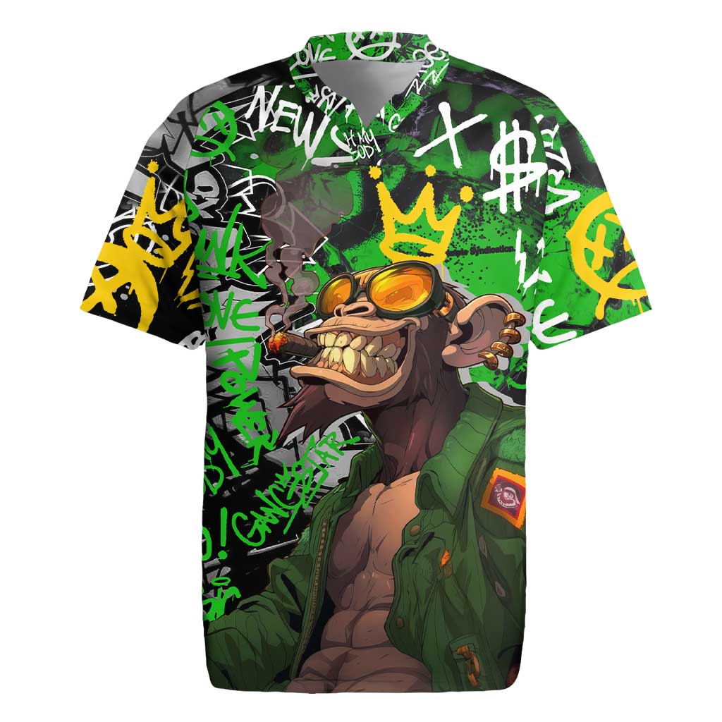 Graffiti Street Art Rugby Jersey Smoking Ape Character and Neon Crown Symbols in Green and Yellow Graphic Design - Wonder Print Shop