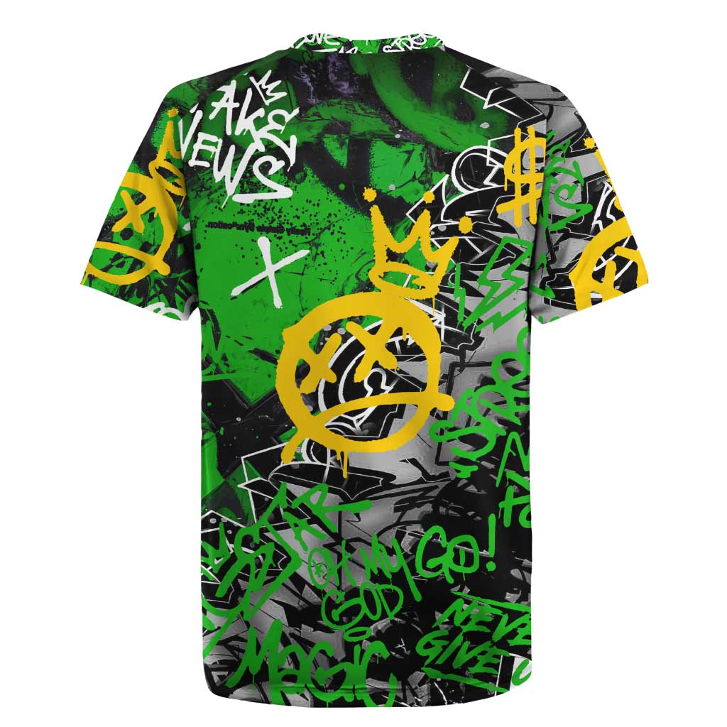 Graffiti Street Art Rugby Jersey Smoking Ape Character and Neon Crown Symbols in Green and Yellow Graphic Design - Wonder Print Shop