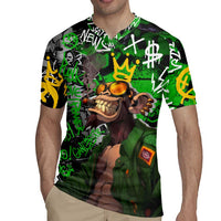 Graffiti Street Art Rugby Jersey Smoking Ape Character and Neon Crown Symbols in Green and Yellow Graphic Design - Wonder Print Shop