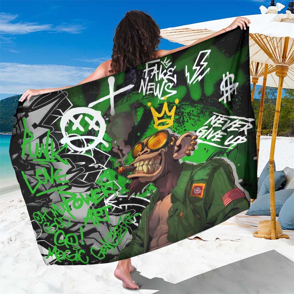 Graffiti Street Art Sarong Smoking Ape Character and Neon Crown Symbols in Green and Yellow Graphic Design - Wonder Print Shop