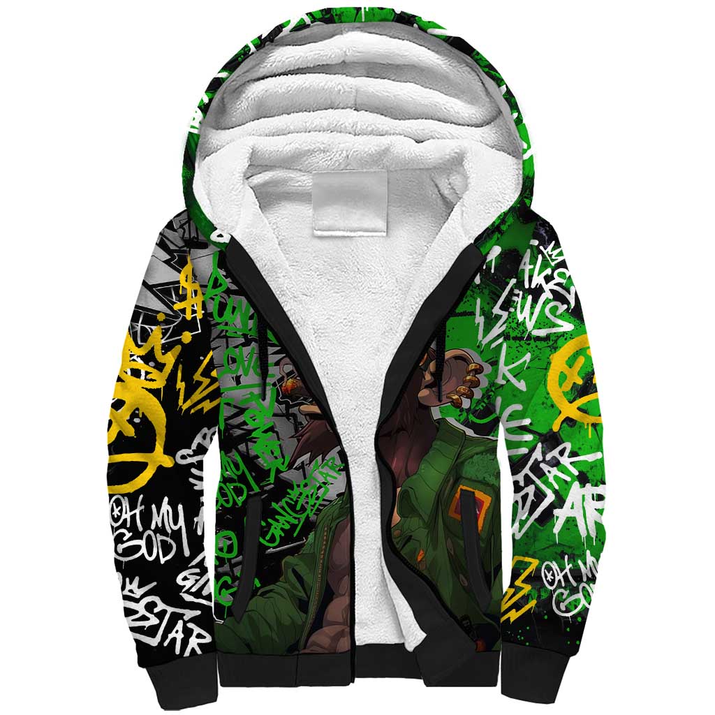 Graffiti Street Art Sherpa Hoodie Smoking Ape Character and Neon Crown Symbols in Green and Yellow Graphic Design - Wonder Print Shop