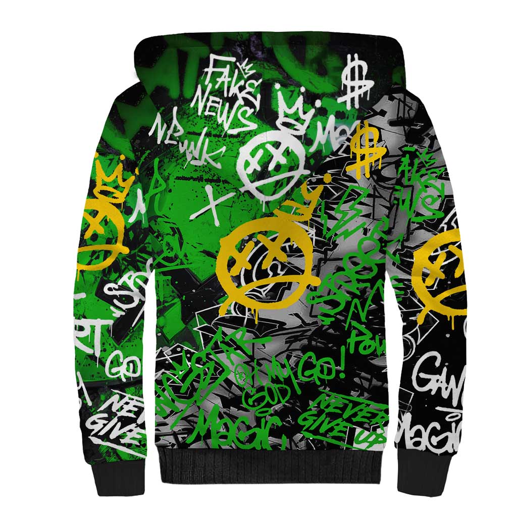 Graffiti Street Art Sherpa Hoodie Smoking Ape Character and Neon Crown Symbols in Green and Yellow Graphic Design - Wonder Print Shop