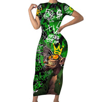 Graffiti Street Art Short Sleeve Bodycon Dress Smoking Ape Character and Neon Crown Symbols in Green and Yellow Graphic Design - Wonder Print Shop