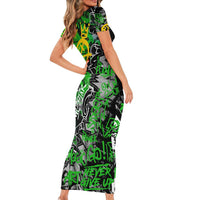 Graffiti Street Art Short Sleeve Bodycon Dress Smoking Ape Character and Neon Crown Symbols in Green and Yellow Graphic Design - Wonder Print Shop