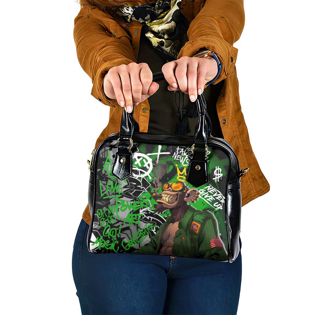 Graffiti Street Art Shoulder Handbag Smoking Ape Character and Neon Crown Symbols in Green and Yellow Graphic Design - Wonder Print Shop