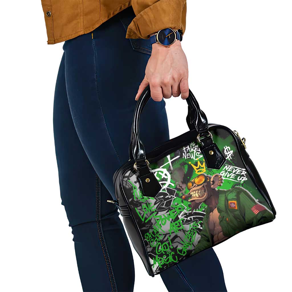 Graffiti Street Art Shoulder Handbag Smoking Ape Character and Neon Crown Symbols in Green and Yellow Graphic Design - Wonder Print Shop