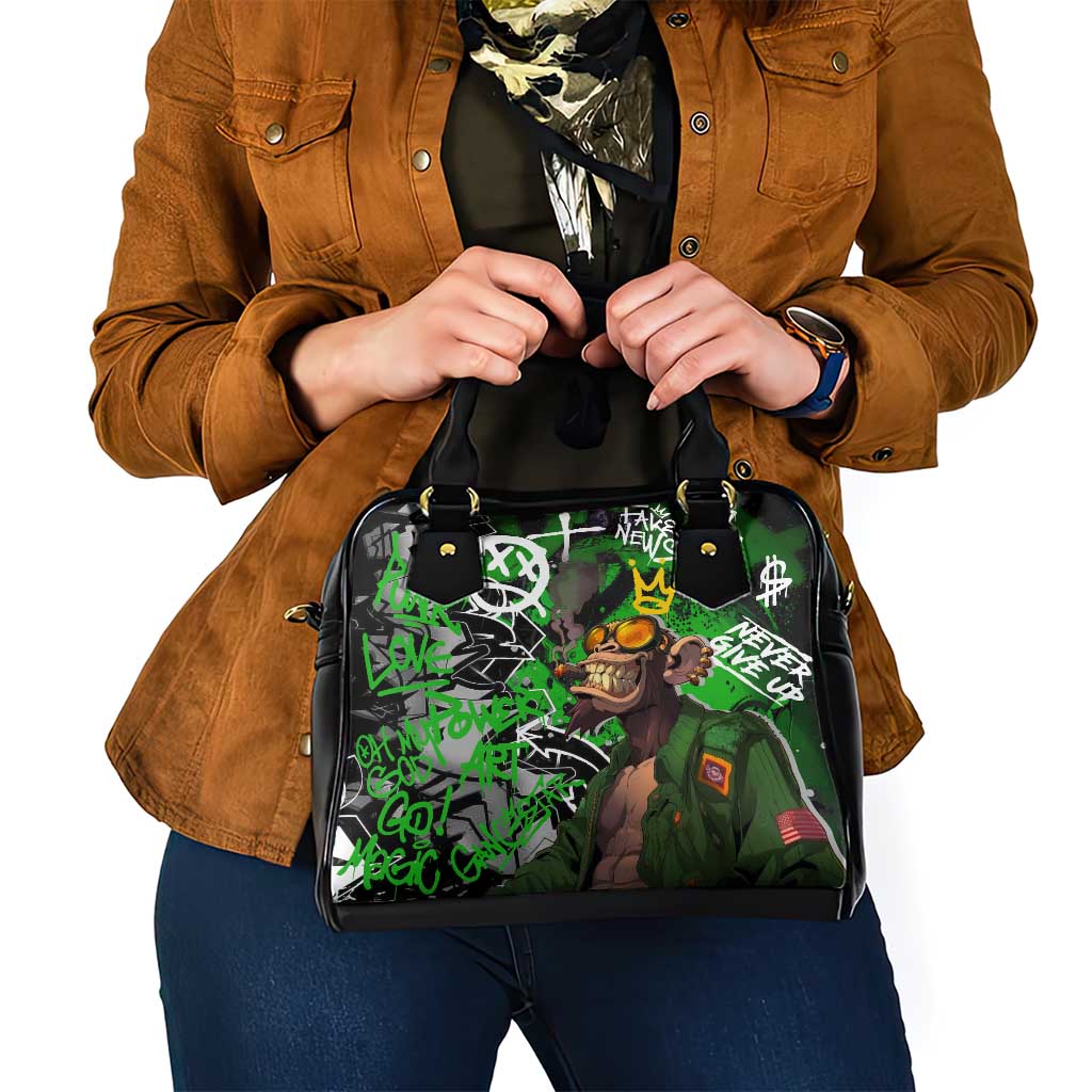 Graffiti Street Art Shoulder Handbag Smoking Ape Character and Neon Crown Symbols in Green and Yellow Graphic Design - Wonder Print Shop