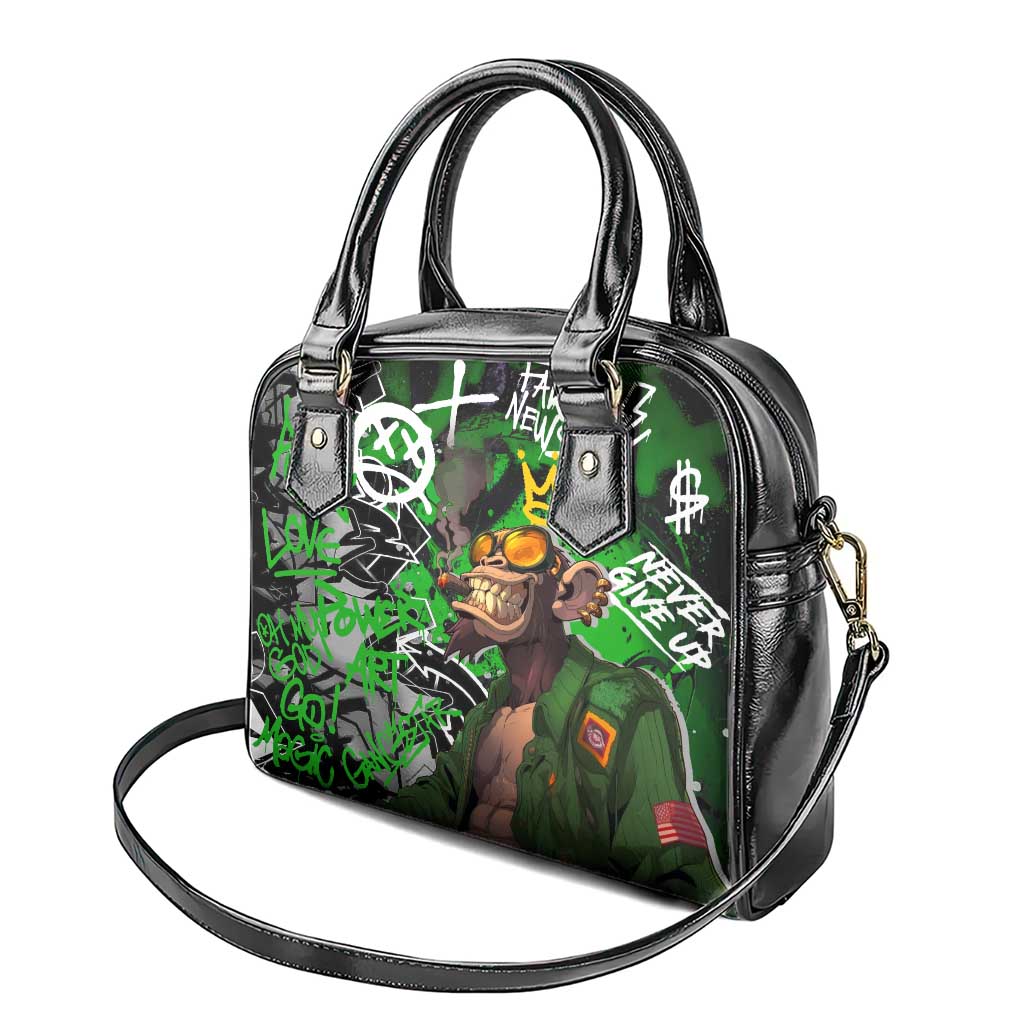 Graffiti Street Art Shoulder Handbag Smoking Ape Character and Neon Crown Symbols in Green and Yellow Graphic Design - Wonder Print Shop