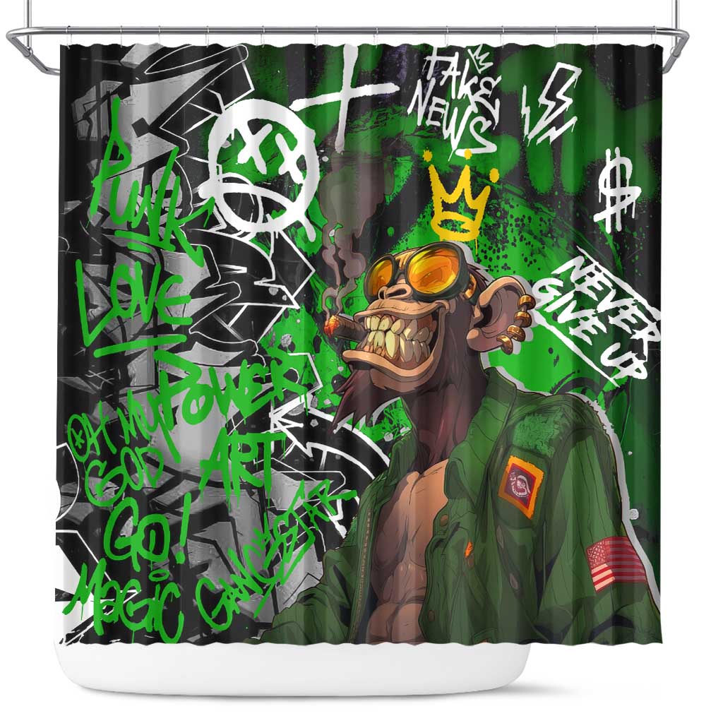 Graffiti Street Art Shower Curtain Smoking Ape Character and Neon Crown Symbols in Green and Yellow Graphic Design - Wonder Print Shop