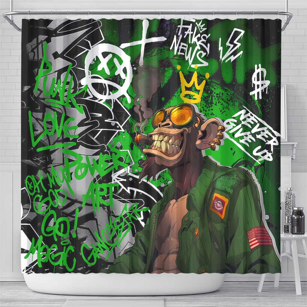 Graffiti Street Art Shower Curtain Smoking Ape Character and Neon Crown Symbols in Green and Yellow Graphic Design - Wonder Print Shop