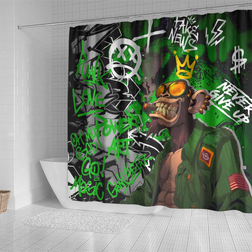 Graffiti Street Art Shower Curtain Smoking Ape Character and Neon Crown Symbols in Green and Yellow Graphic Design - Wonder Print Shop