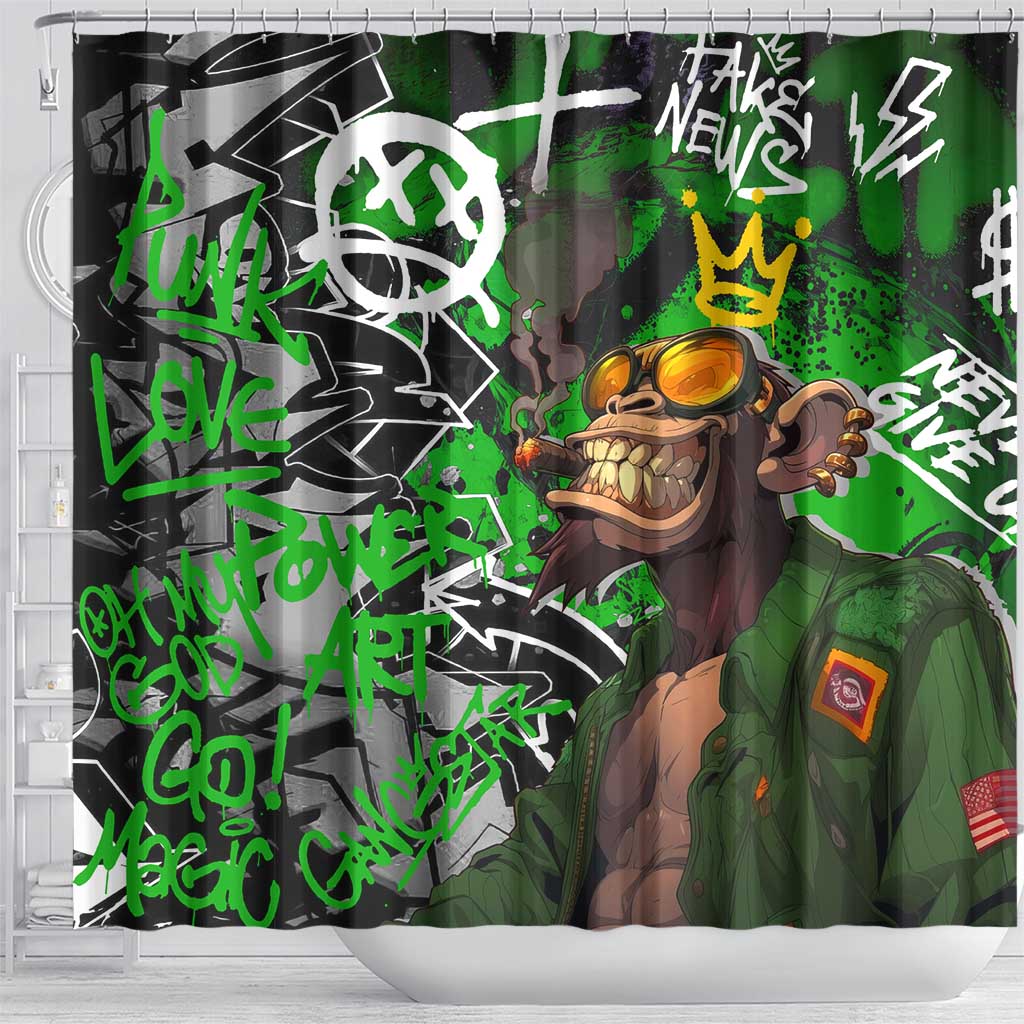 Graffiti Street Art Shower Curtain Smoking Ape Character and Neon Crown Symbols in Green and Yellow Graphic Design - Wonder Print Shop