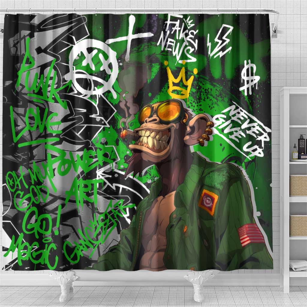 Graffiti Street Art Shower Curtain Smoking Ape Character and Neon Crown Symbols in Green and Yellow Graphic Design - Wonder Print Shop