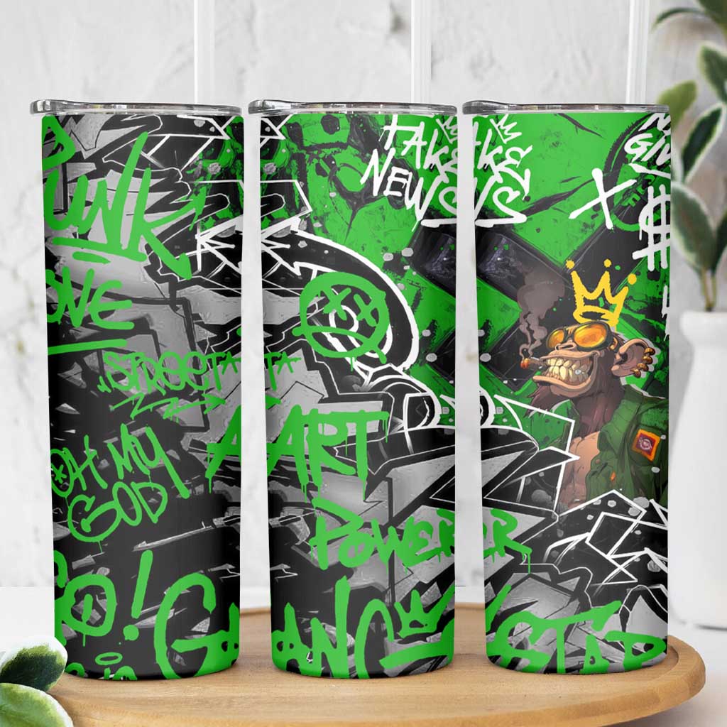 Graffiti Street Art Skinny Tumbler Smoking Ape Character and Neon Crown Symbols in Green and Yellow Graphic Design - Wonder Print Shop