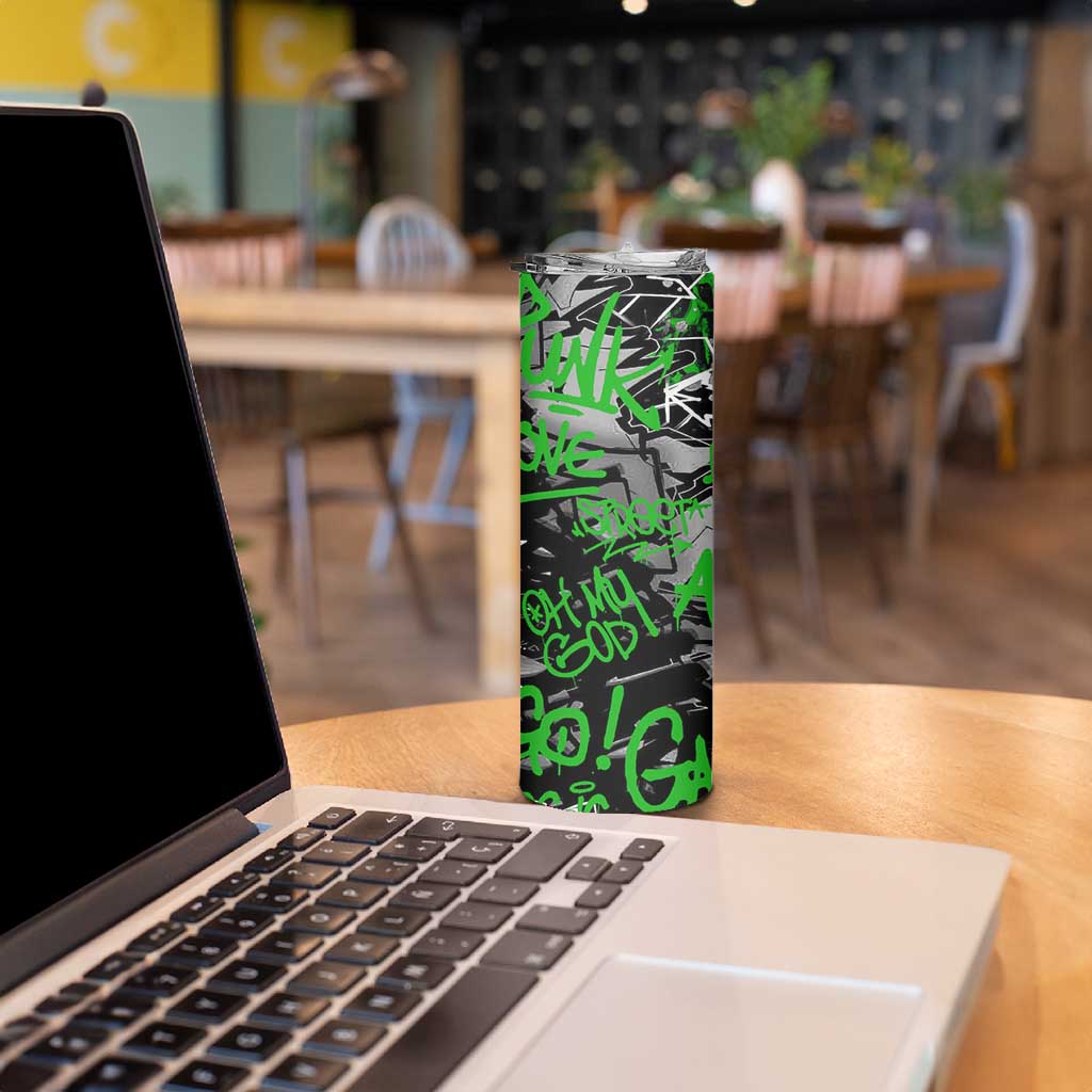 Graffiti Street Art Skinny Tumbler Smoking Ape Character and Neon Crown Symbols in Green and Yellow Graphic Design - Wonder Print Shop
