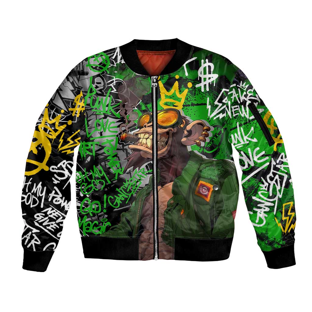 Graffiti Street Art Sleeve Zip Bomber Jacket Smoking Ape Character and Neon Crown Symbols in Green and Yellow Graphic Design - Wonder Print Shop