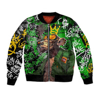 Graffiti Street Art Sleeve Zip Bomber Jacket Smoking Ape Character and Neon Crown Symbols in Green and Yellow Graphic Design - Wonder Print Shop
