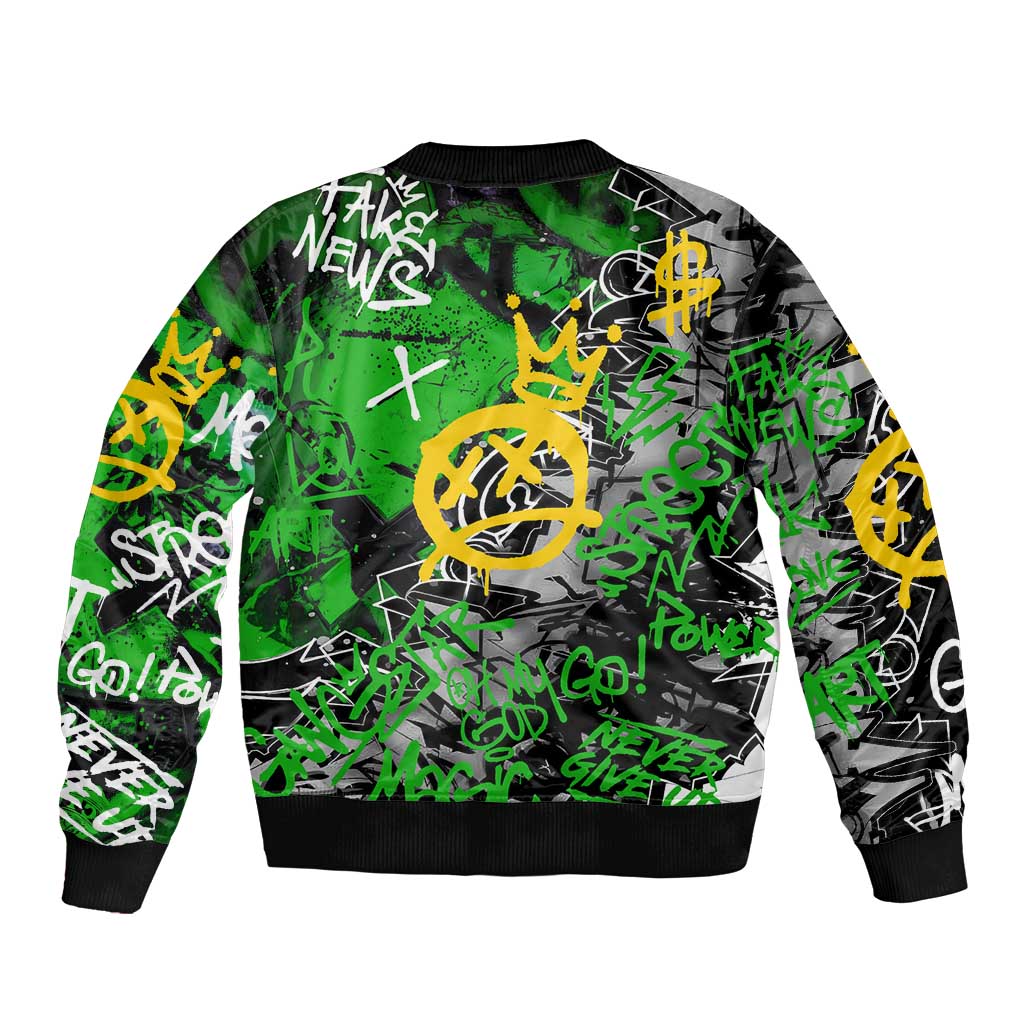 Graffiti Street Art Sleeve Zip Bomber Jacket Smoking Ape Character and Neon Crown Symbols in Green and Yellow Graphic Design - Wonder Print Shop
