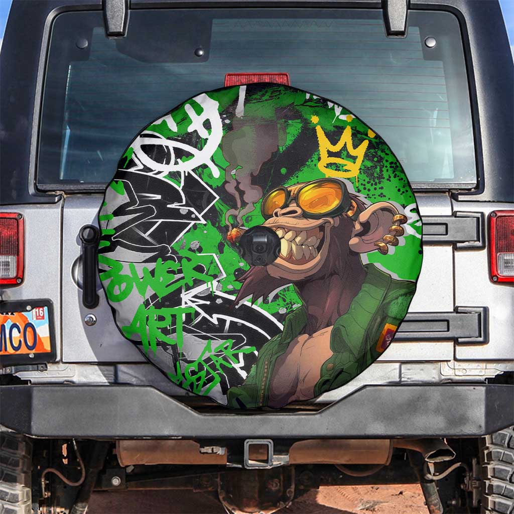 Graffiti Street Art Spare Tire Cover Smoking Ape Character and Neon Crown Symbols in Green and Yellow Graphic Design - Wonder Print Shop