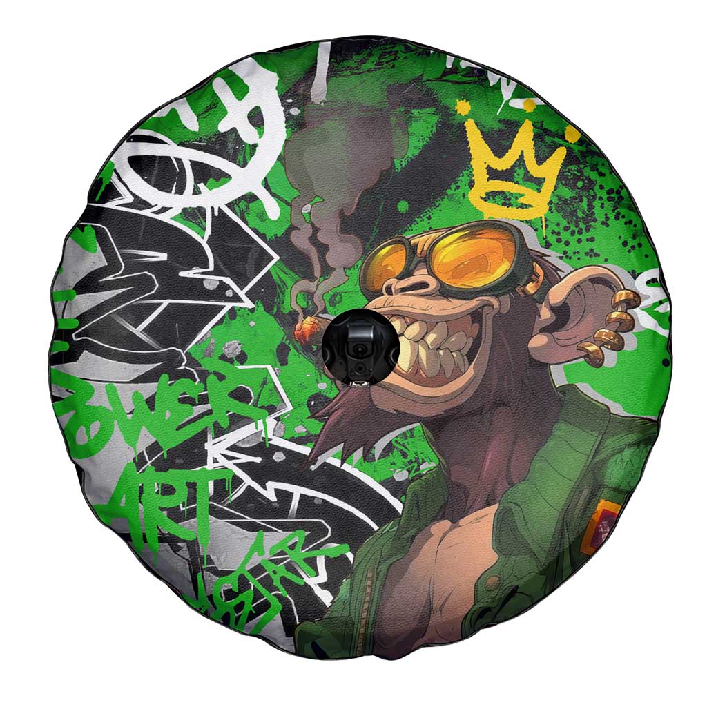 Graffiti Street Art Spare Tire Cover Smoking Ape Character and Neon Crown Symbols in Green and Yellow Graphic Design - Wonder Print Shop