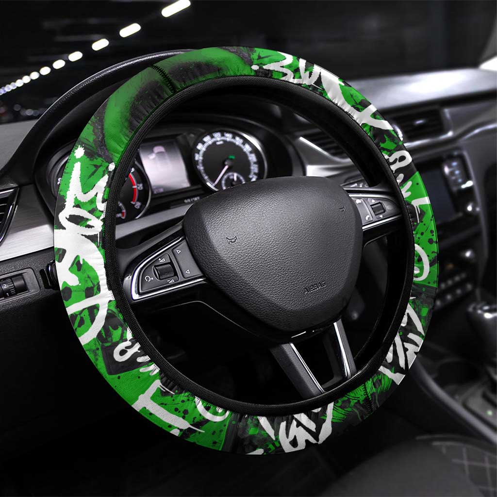 Graffiti Street Art Steering Wheel Cover Smoking Ape Character and Neon Crown Symbols in Green and Yellow Graphic Design - Wonder Print Shop