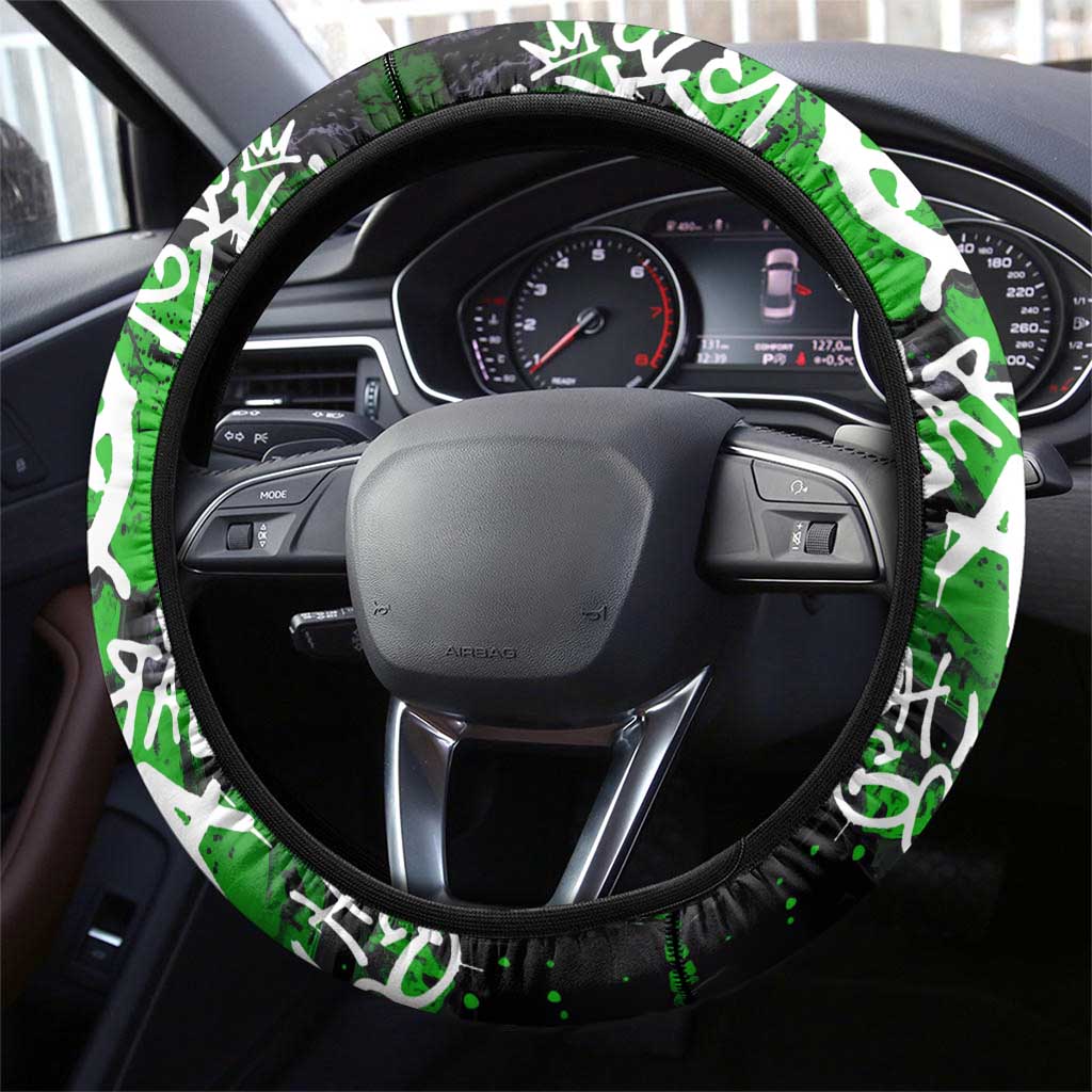 Graffiti Street Art Steering Wheel Cover Smoking Ape Character and Neon Crown Symbols in Green and Yellow Graphic Design - Wonder Print Shop