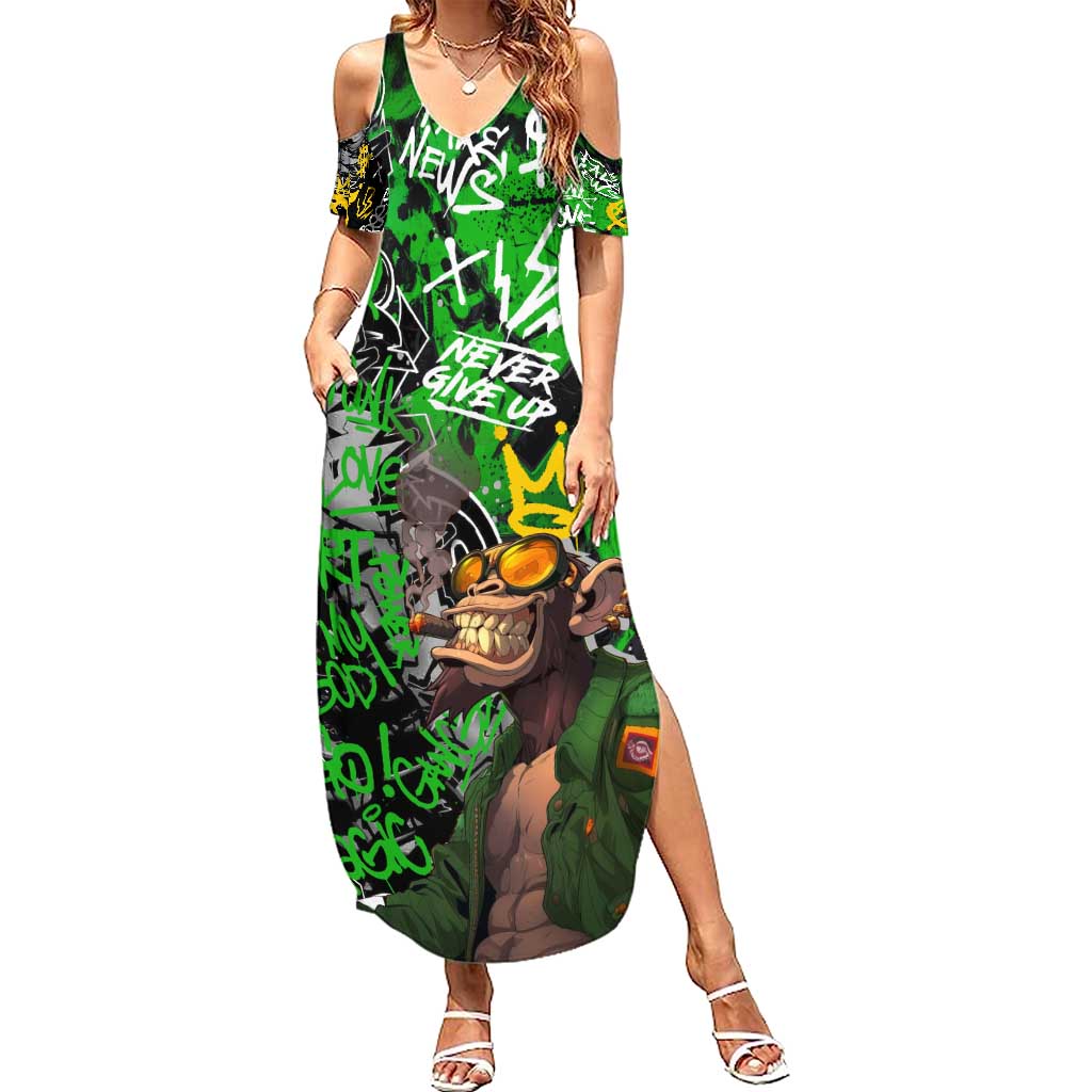 Graffiti Street Art Summer Maxi Dress Smoking Ape Character and Neon Crown Symbols in Green and Yellow Graphic Design - Wonder Print Shop