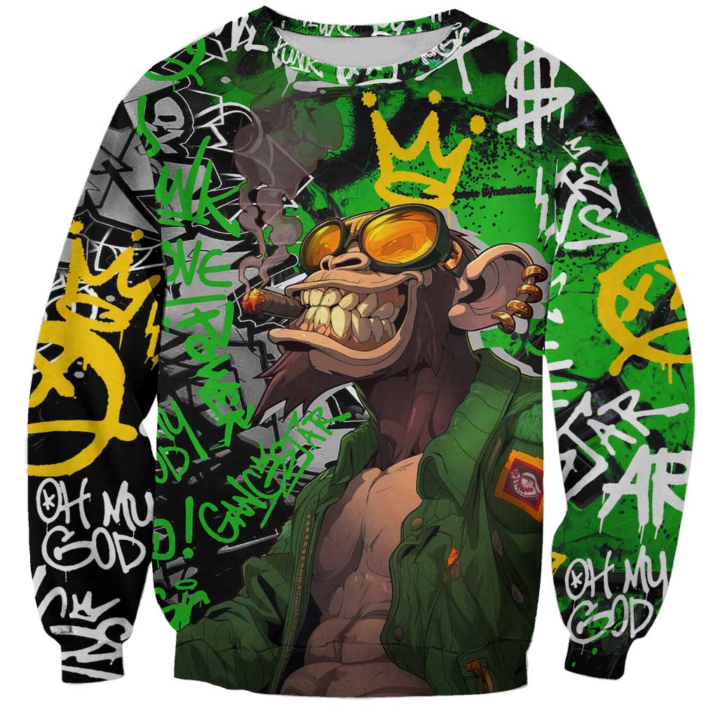Graffiti Street Art Sweatshirt Smoking Ape Character and Neon Crown Symbols in Green and Yellow Graphic Design - Wonder Print Shop