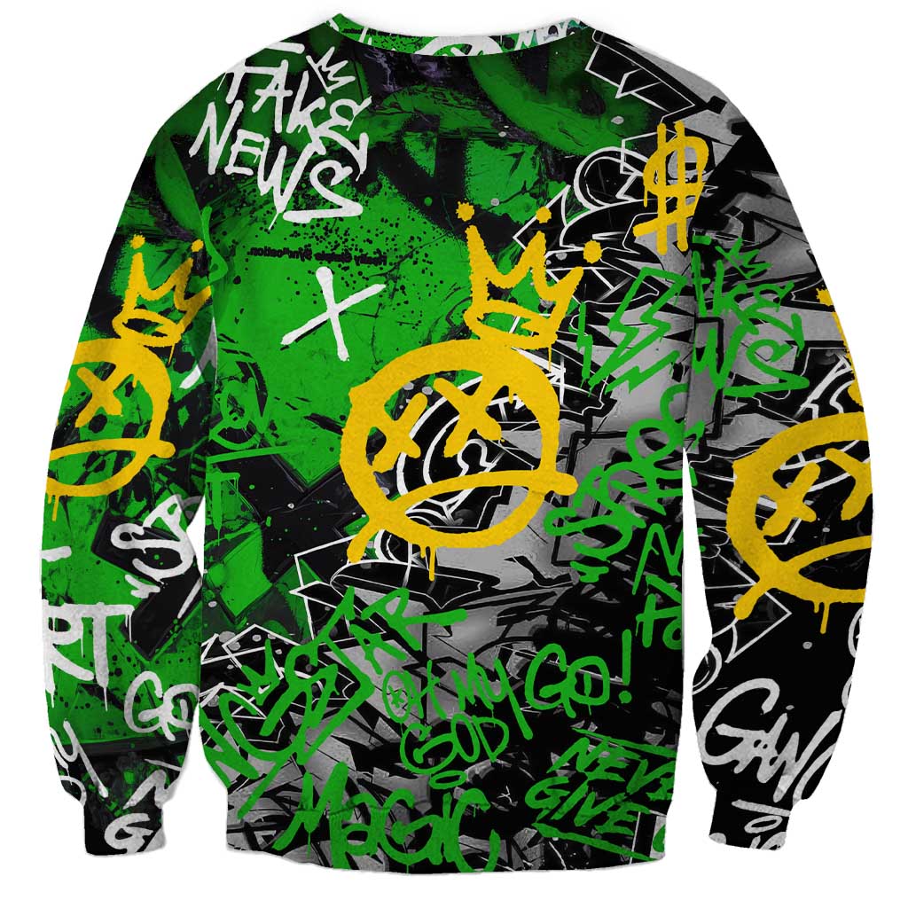Graffiti Street Art Sweatshirt Smoking Ape Character and Neon Crown Symbols in Green and Yellow Graphic Design - Wonder Print Shop