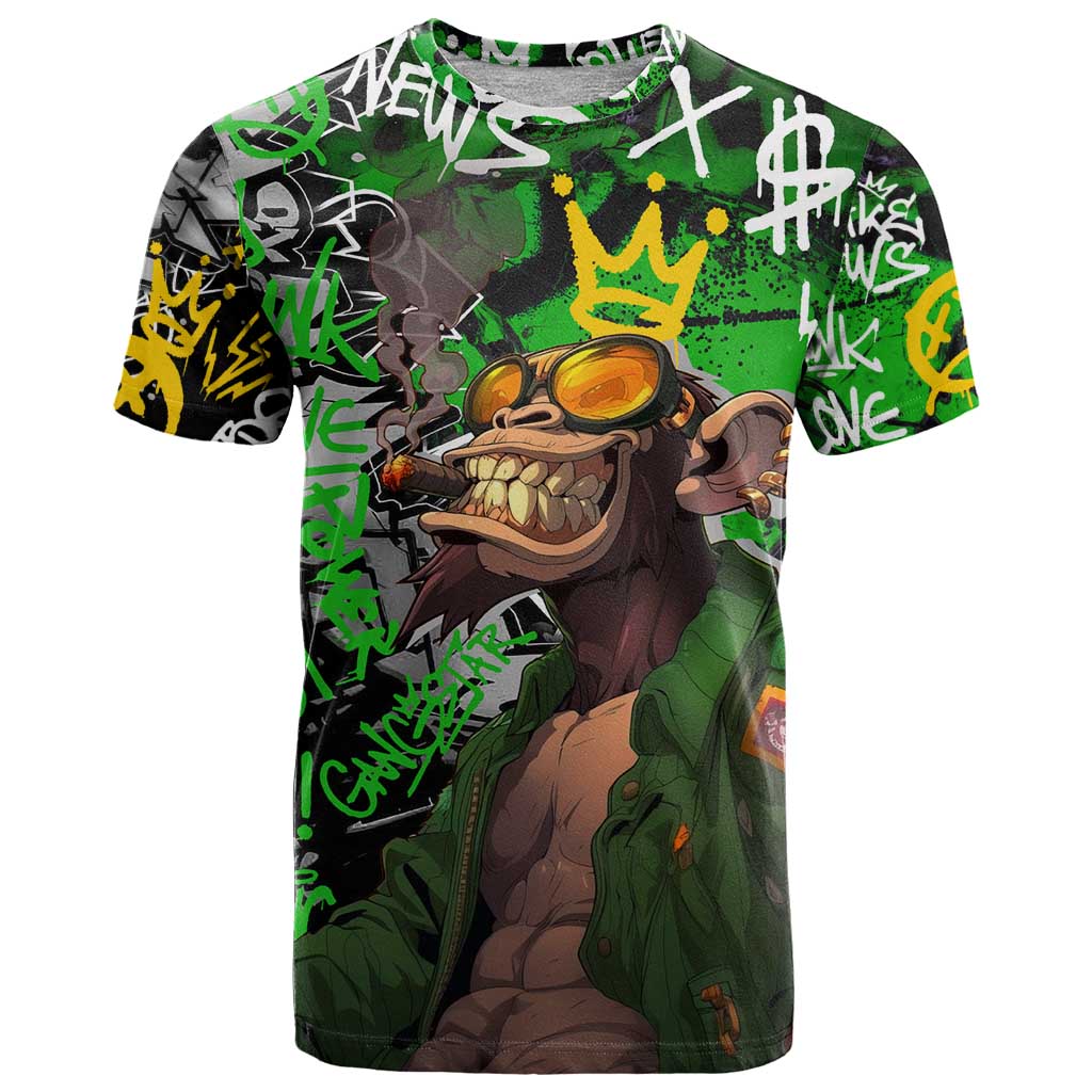 Graffiti Street Art T Shirt Smoking Ape Character and Neon Crown Symbols in Green and Yellow Graphic Design - Wonder Print Shop
