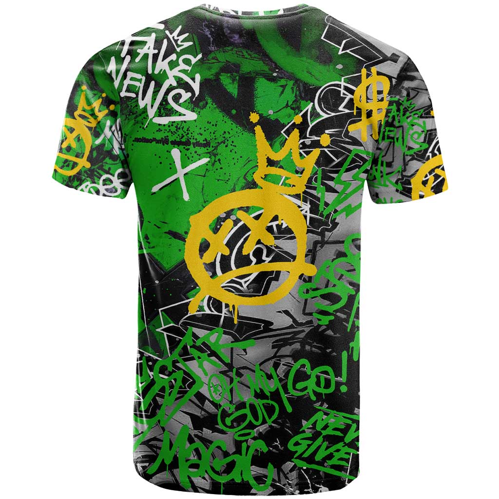 Graffiti Street Art T Shirt Smoking Ape Character and Neon Crown Symbols in Green and Yellow Graphic Design - Wonder Print Shop
