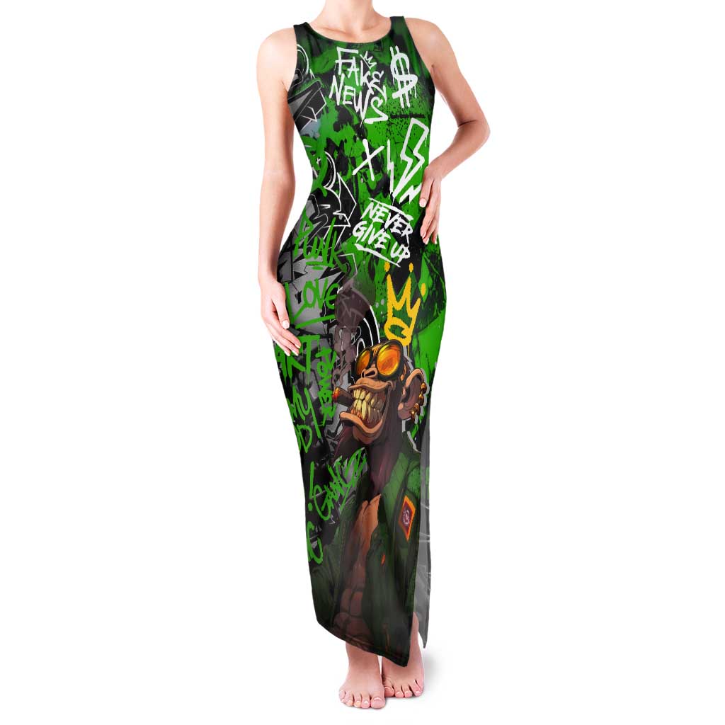 Graffiti Street Art Tank Maxi Dress Smoking Ape Character and Neon Crown Symbols in Green and Yellow Graphic Design - Wonder Print Shop