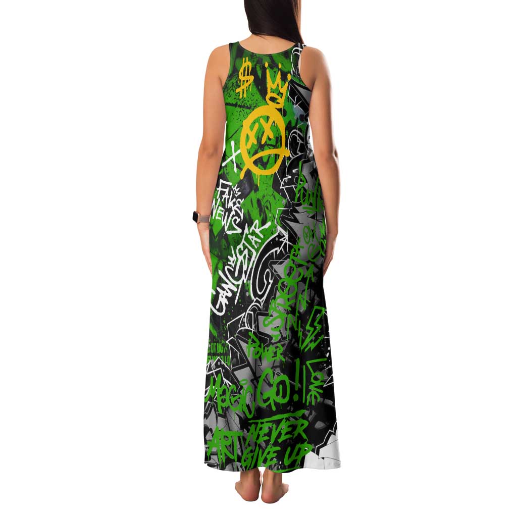 Graffiti Street Art Tank Maxi Dress Smoking Ape Character and Neon Crown Symbols in Green and Yellow Graphic Design - Wonder Print Shop