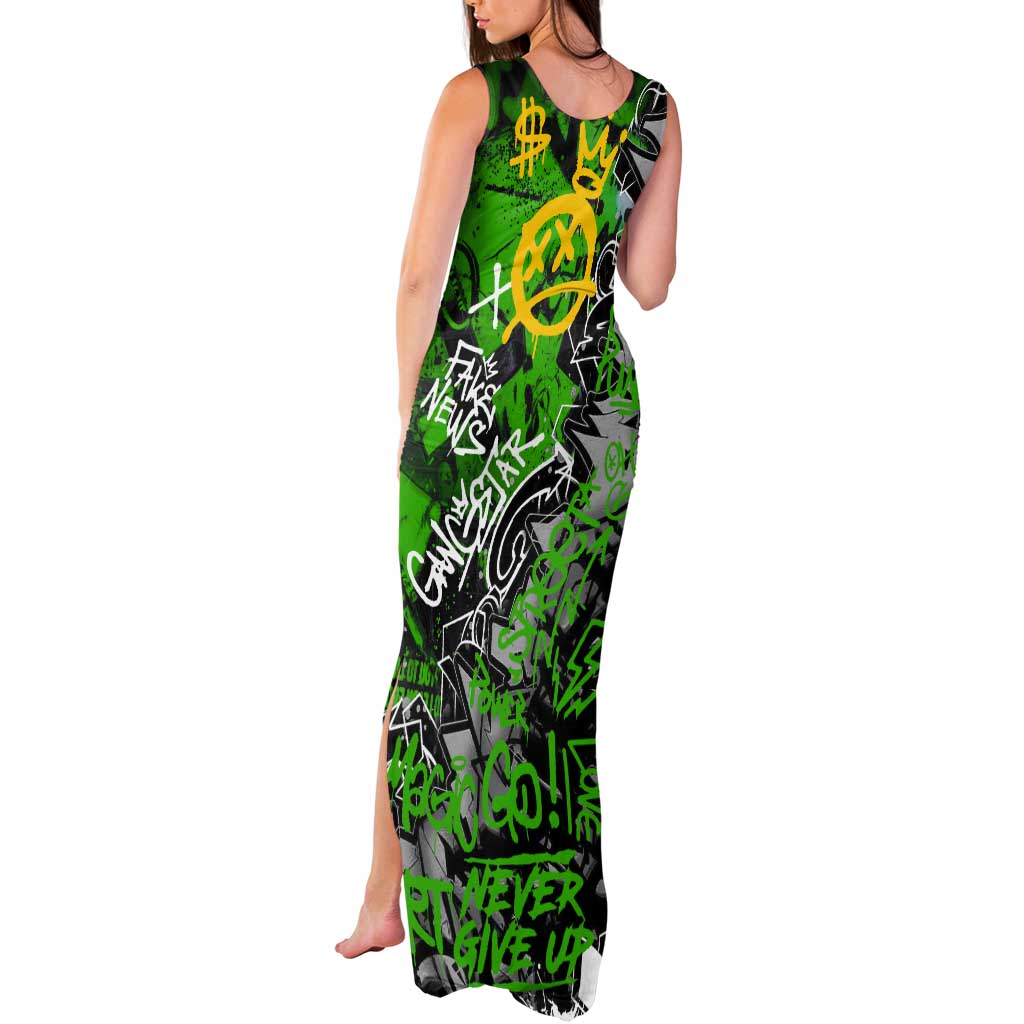 Graffiti Street Art Tank Maxi Dress Smoking Ape Character and Neon Crown Symbols in Green and Yellow Graphic Design - Wonder Print Shop