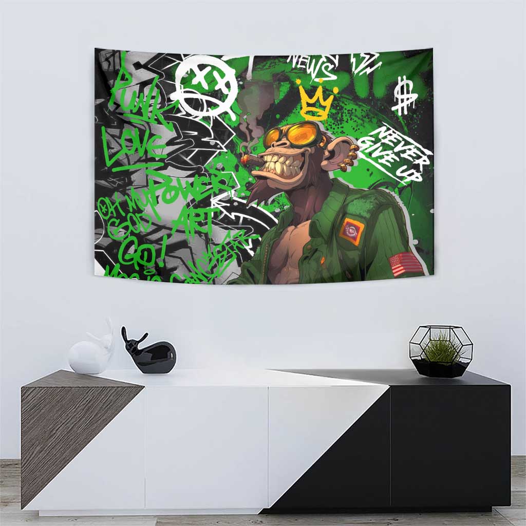 Graffiti Street Art Tapestry Smoking Ape Character and Neon Crown Symbols in Green and Yellow Graphic Design - Wonder Print Shop