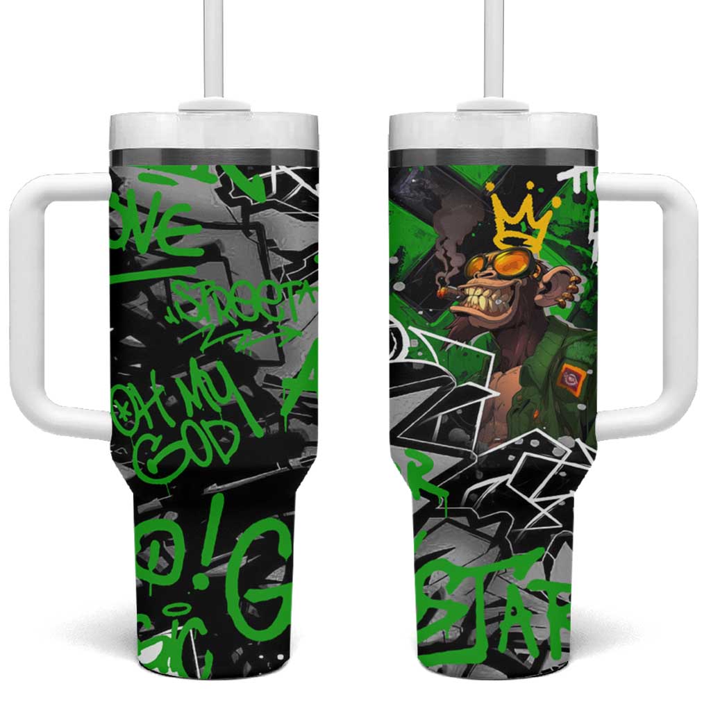 Graffiti Street Art Tumbler With Handle Smoking Ape Character and Neon Crown Symbols in Green and Yellow Graphic Design - Wonder Print Shop