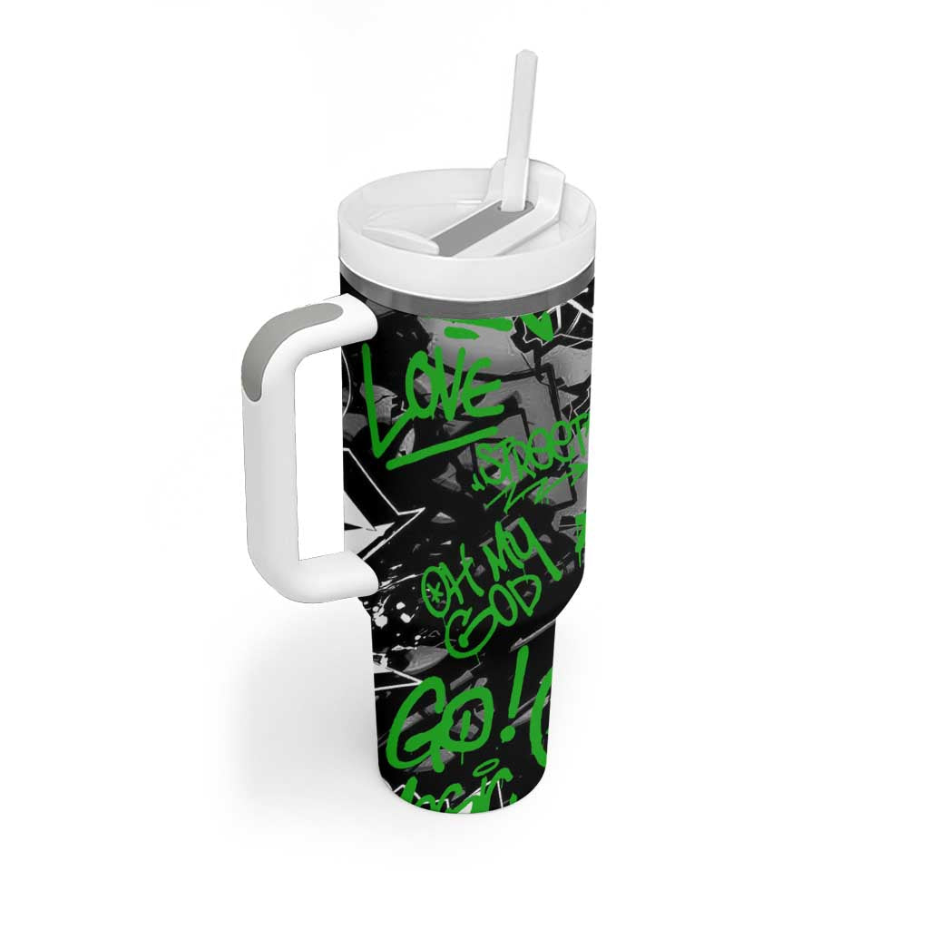 Graffiti Street Art Tumbler With Handle Smoking Ape Character and Neon Crown Symbols in Green and Yellow Graphic Design - Wonder Print Shop