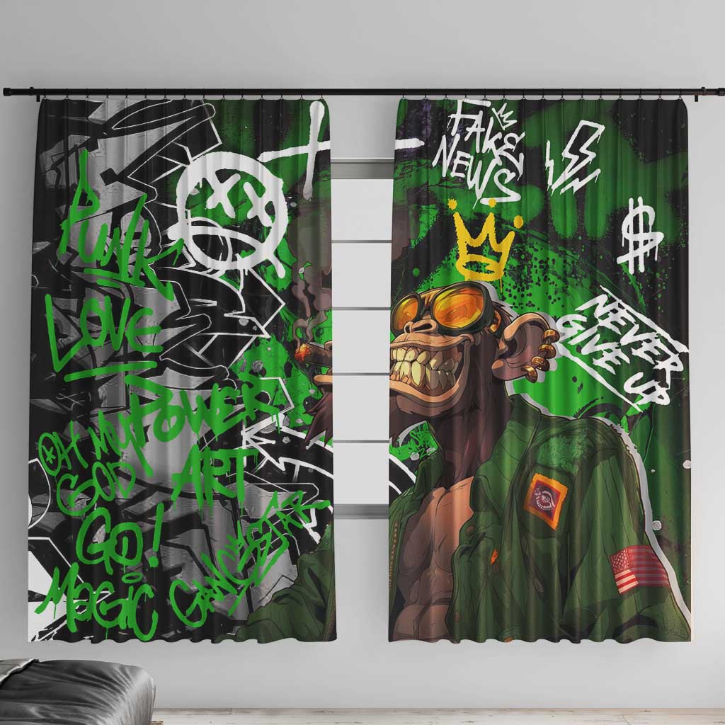 Graffiti Street Art Window Curtain Smoking Ape Character and Neon Crown Symbols in Green and Yellow Graphic Design - Wonder Print Shop
