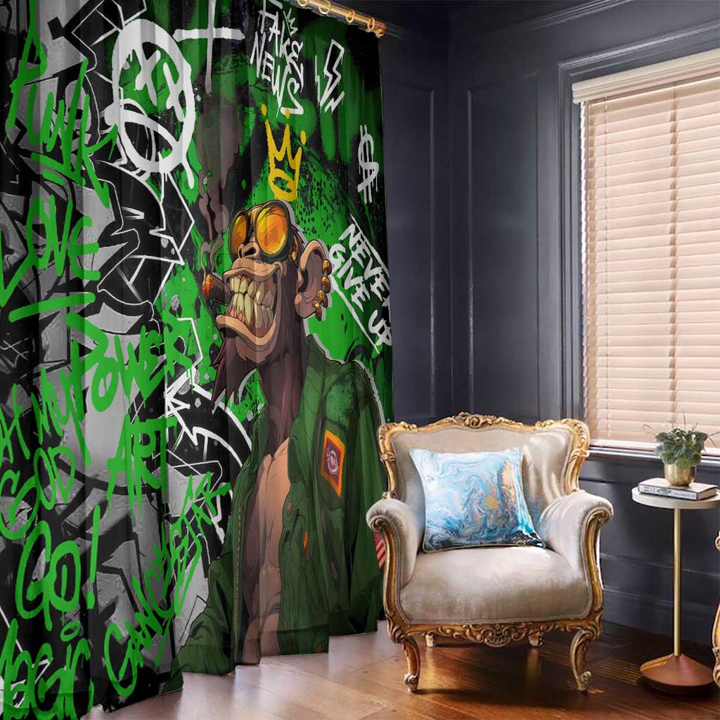Graffiti Street Art Window Curtain Smoking Ape Character and Neon Crown Symbols in Green and Yellow Graphic Design - Wonder Print Shop