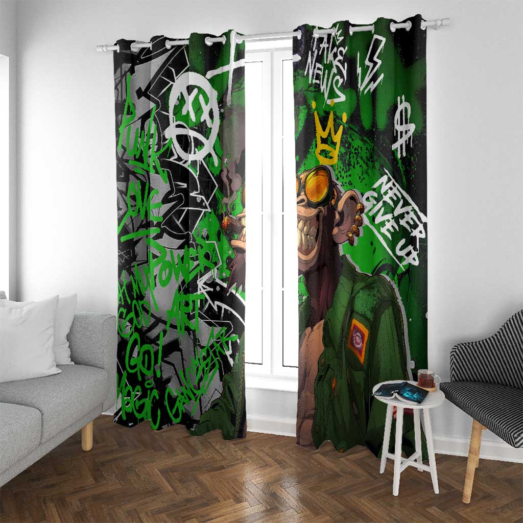 Graffiti Street Art Window Curtain Smoking Ape Character and Neon Crown Symbols in Green and Yellow Graphic Design - Wonder Print Shop