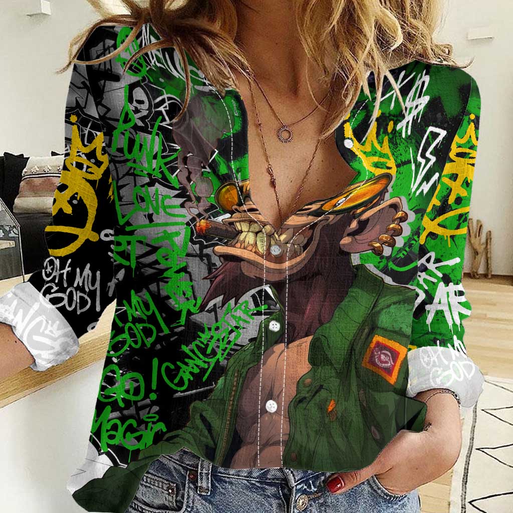 Graffiti Street Art Women Casual Shirt Smoking Ape Character and Neon Crown Symbols in Green and Yellow Graphic Design - Wonder Print Shop