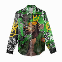 Graffiti Street Art Women Casual Shirt Smoking Ape Character and Neon Crown Symbols in Green and Yellow Graphic Design - Wonder Print Shop