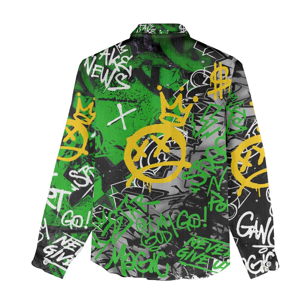 Graffiti Street Art Women Casual Shirt Smoking Ape Character and Neon Crown Symbols in Green and Yellow Graphic Design - Wonder Print Shop