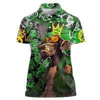 Graffiti Street Art Women Polo Shirt Smoking Ape Character and Neon Crown Symbols in Green and Yellow Graphic Design - Wonder Print Shop