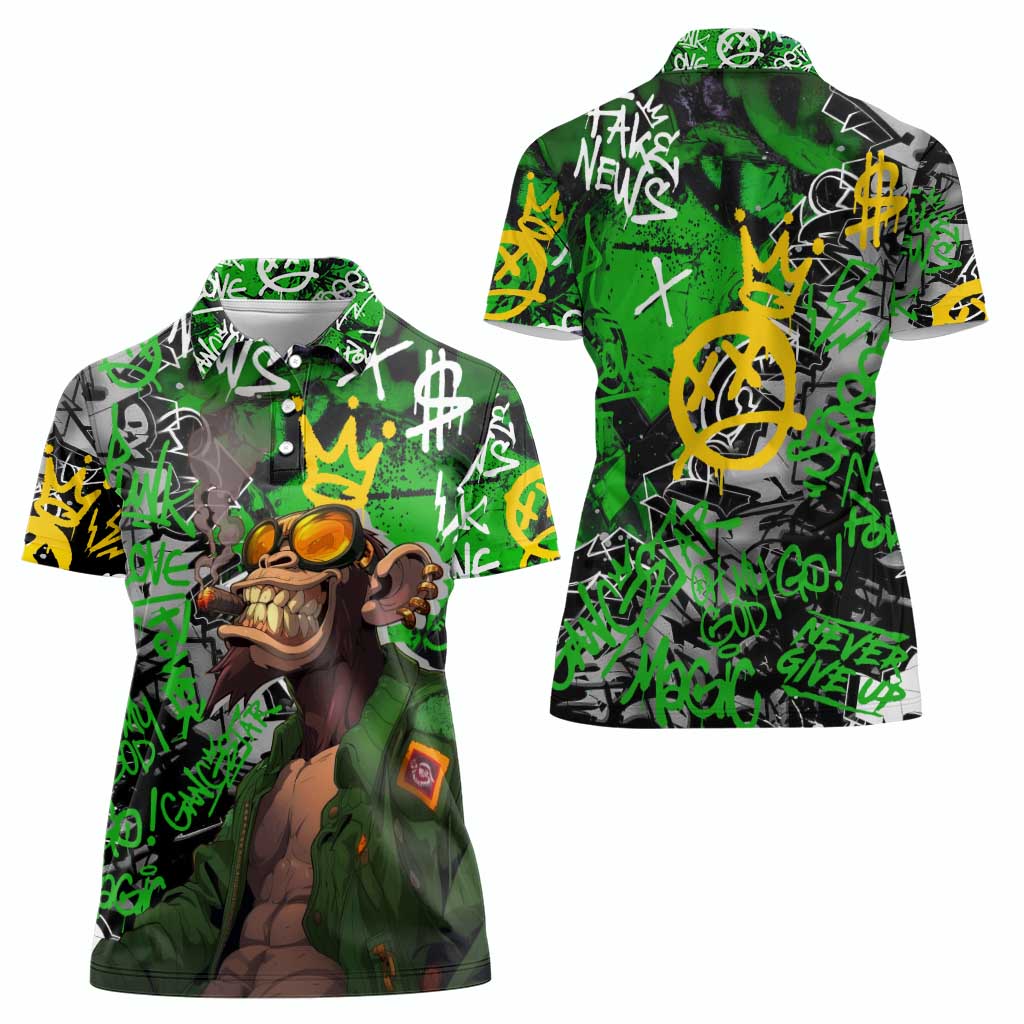 Graffiti Street Art Women Polo Shirt Smoking Ape Character and Neon Crown Symbols in Green and Yellow Graphic Design - Wonder Print Shop