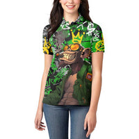 Graffiti Street Art Women Polo Shirt Smoking Ape Character and Neon Crown Symbols in Green and Yellow Graphic Design - Wonder Print Shop